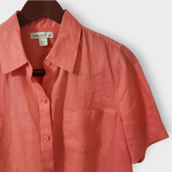 Coldwater Creek Linen Boxy Button Up Camp Shirt Coral Size Small Petite Casual - Picture 2 of 13
